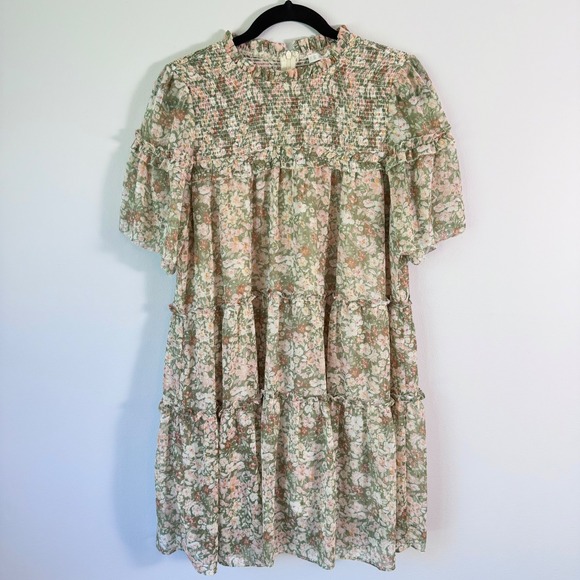 Flowers by Zoe Dresses & Skirts - Karlie Floral Smocked Tiered Mini Dress Sage Green Cottagecore Boho Size L $119